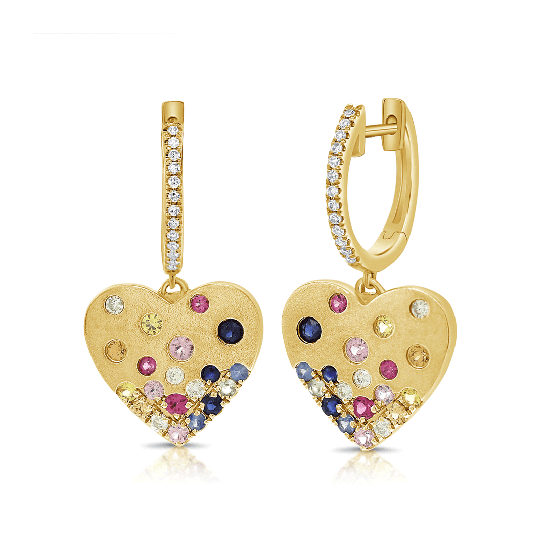 14k Gold .67 Total Weight Multi Color Sapphire Heart Earrings