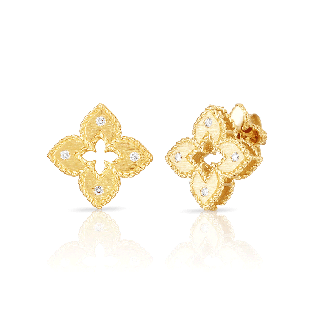 Roberto Coin Petite Venetian Princess Diamond and Yellow Gold Small Flower Stud Earrings