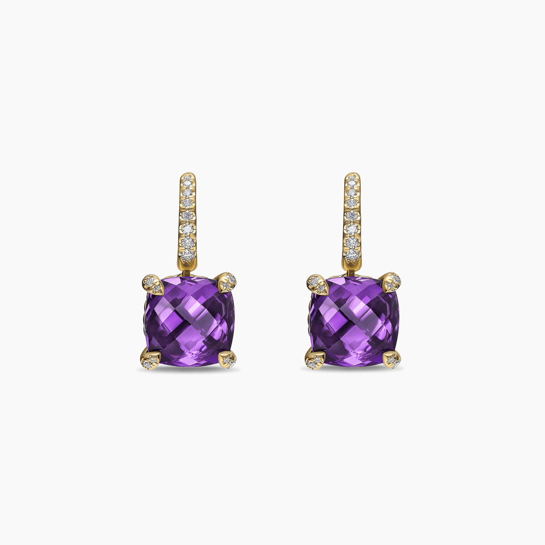 David Yurman Chatelaine Drop Earrings 18k Yellow Gold with Amethyst and Diamonds, 11mm