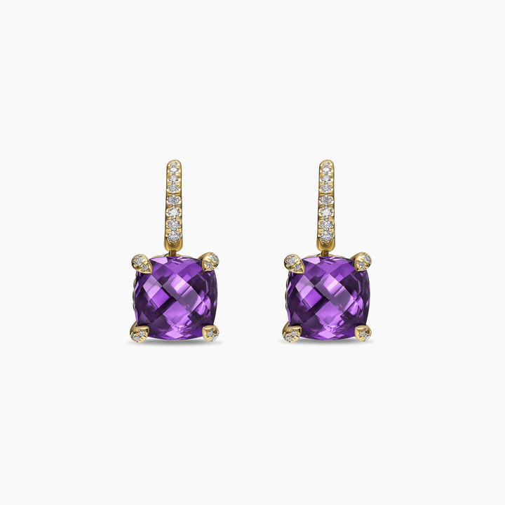 David Yurman Chatelaine Drop Earrings 18k Yellow Gold with Amethyst and Diamonds, 11mm