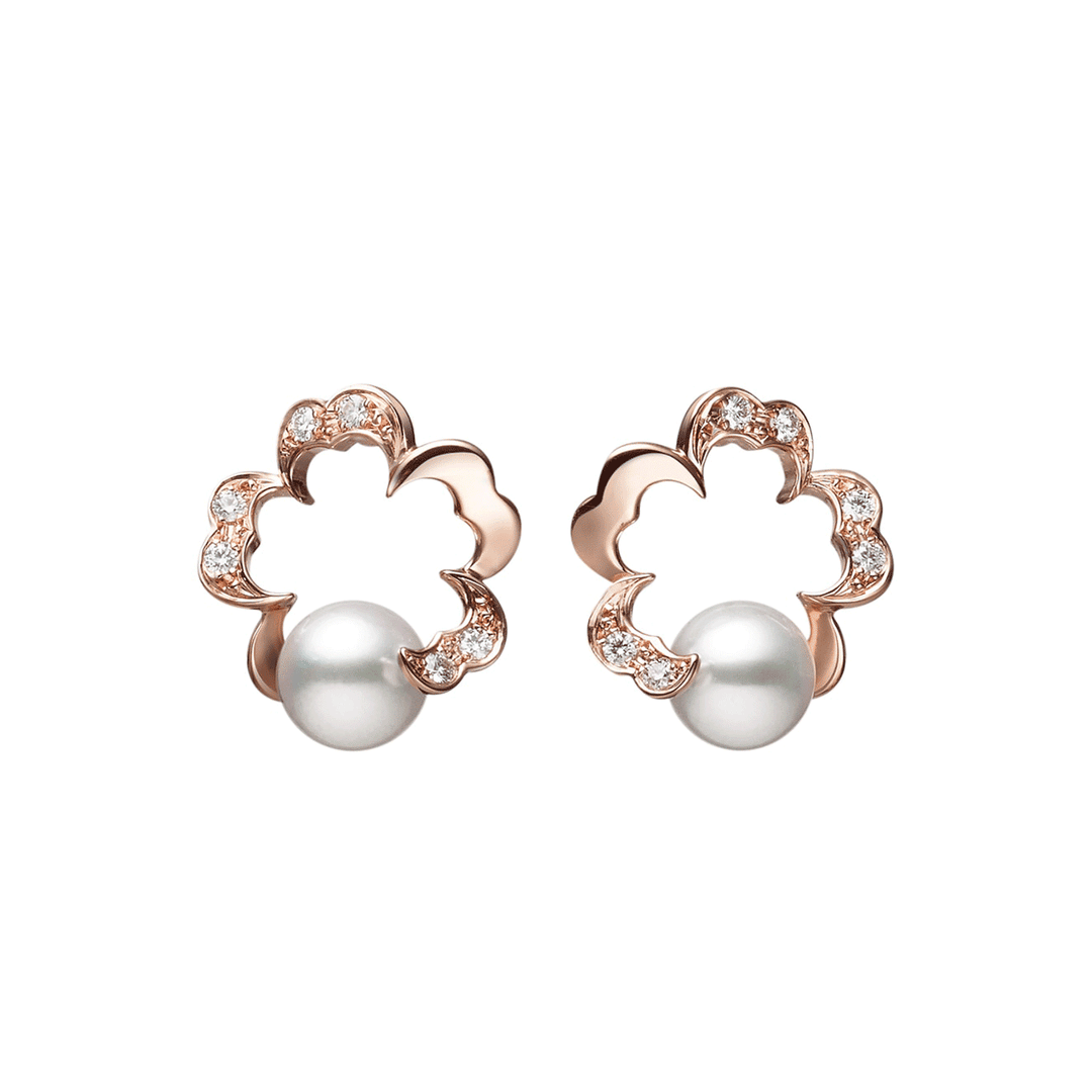 Mikimoto Cherry Blossom 18k Rose Gold Akoya Diamond Earrings