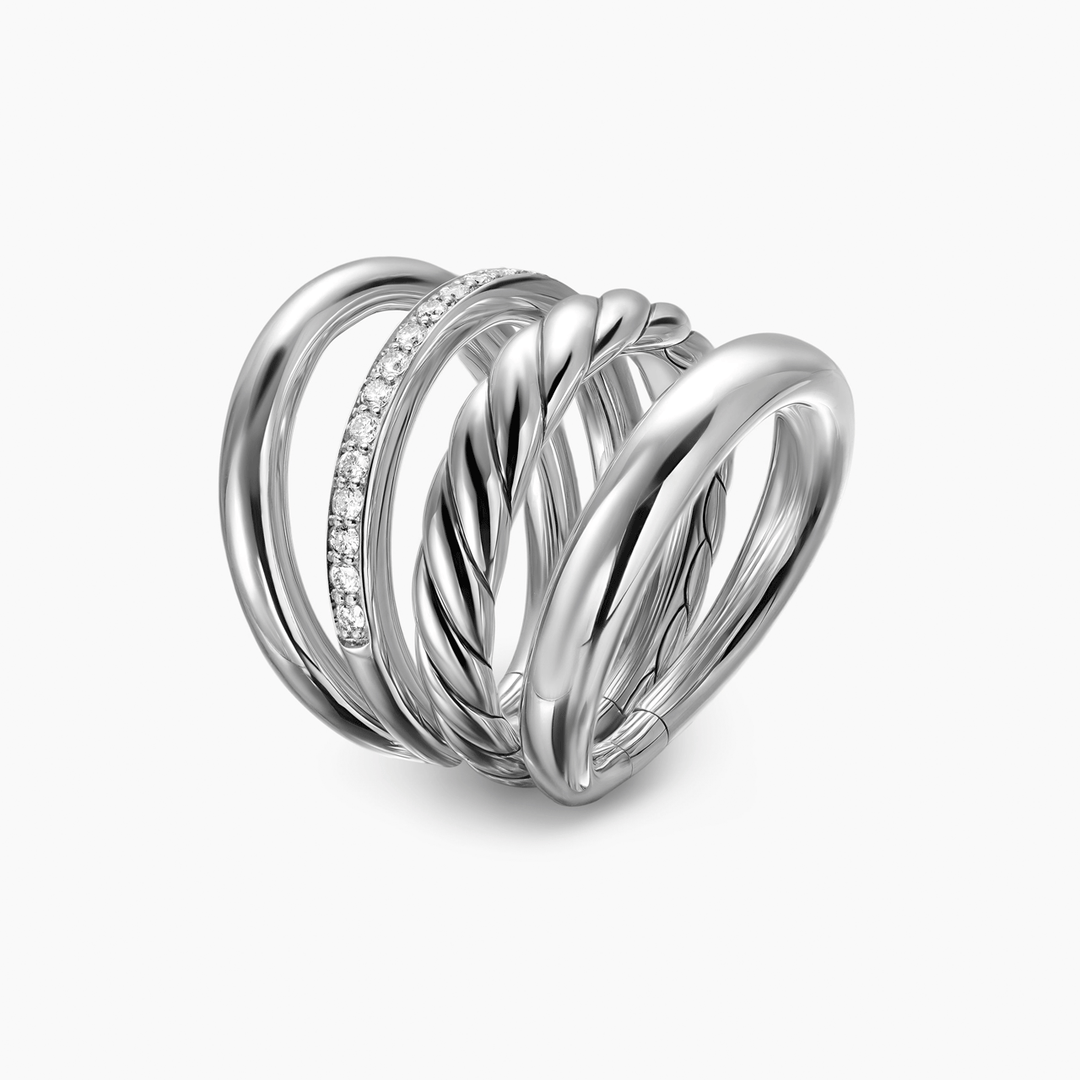 David Yurman Mercer Four Row Ring Sterling Silver with Diamonds, 13.8mm
