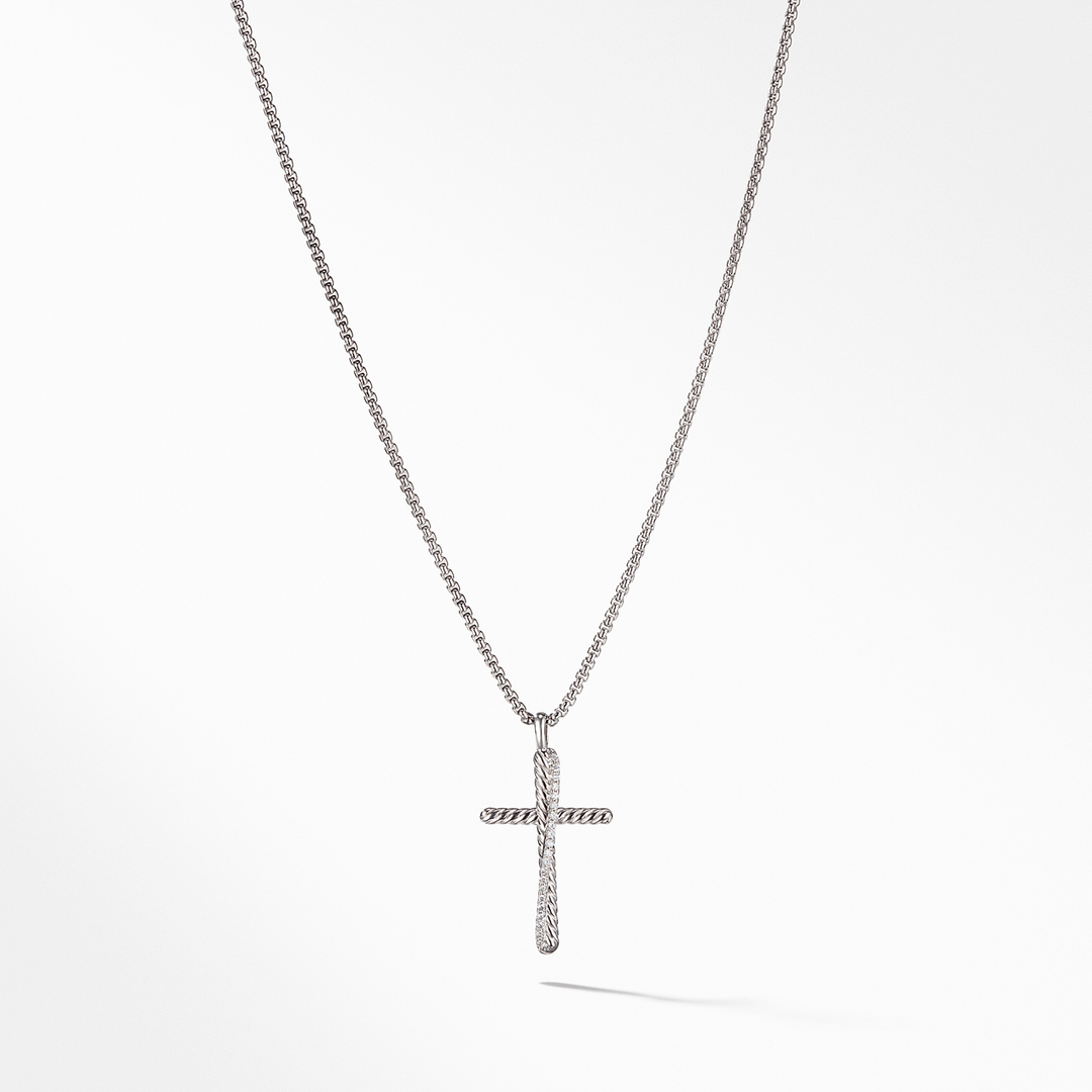 David Yurman Crossover Cross Necklace Sterling Silver with Diamonds, 35.6mm