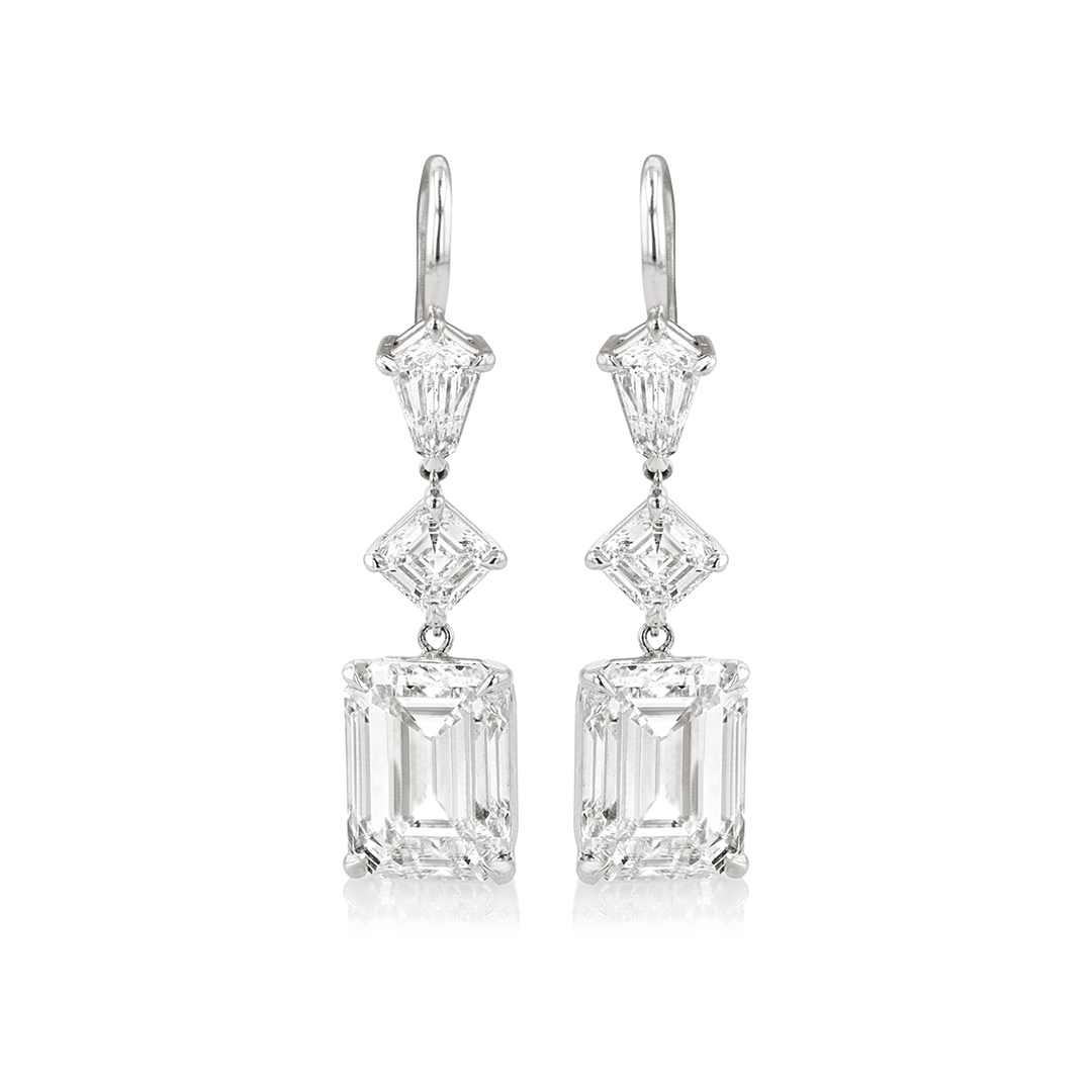 18k White Gold and 12.23 Total Weight Emerald Diamond Drop Earrings