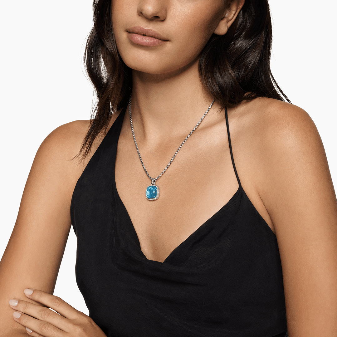 David Yurman Albion Pendant Sterling Silver with Blue Topaz and Diamonds, 15mm