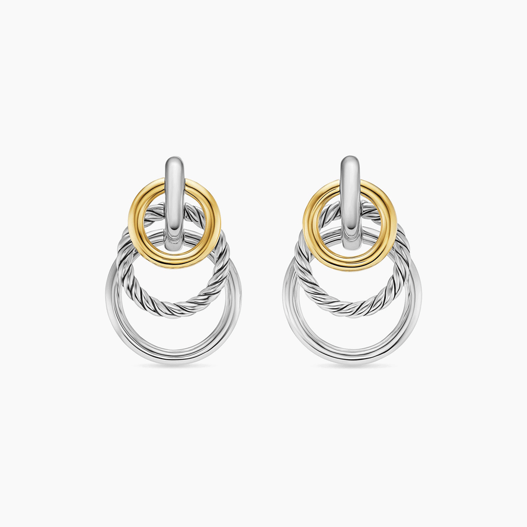 David Yurman Mercer Triple Ring Drop Earrings Sterling Silver with 18k Yellow Gold, 35.6mm