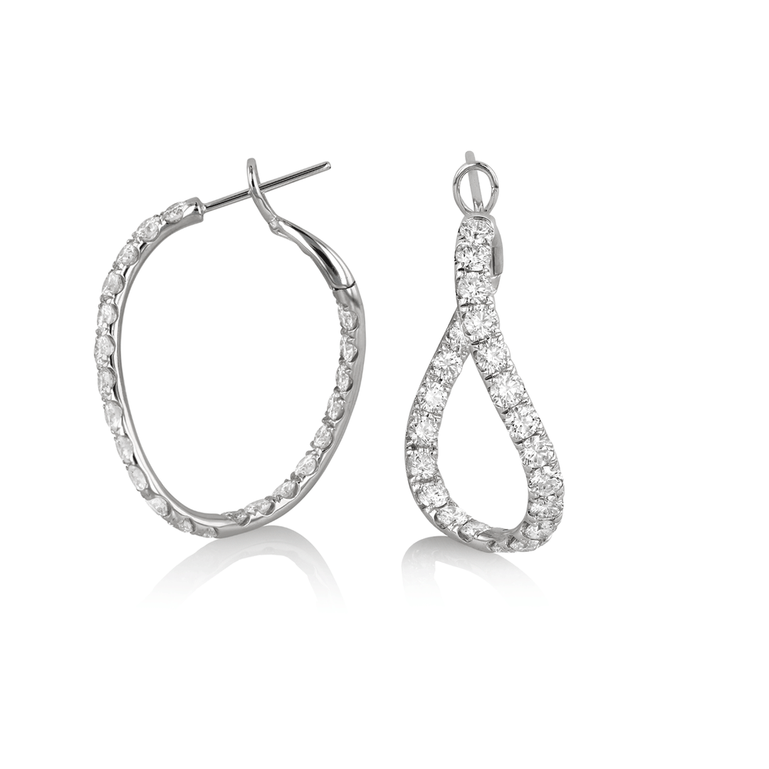 18k White Gold and Diamond 3.09 Total Weight 30mm In and Out Hoops