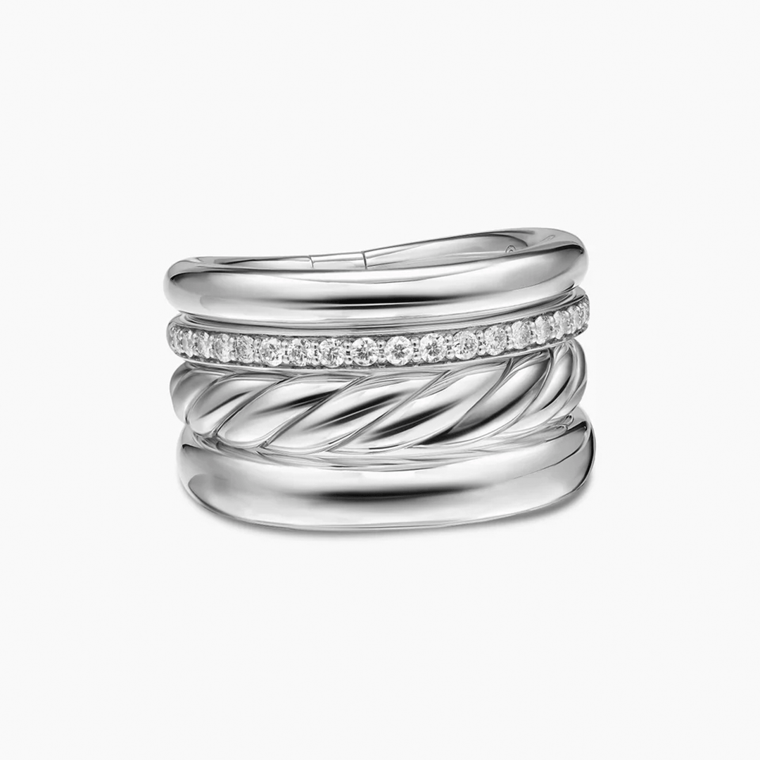 David Yurman Mercer Four Row Ring Sterling Silver with Diamonds, 13.8mm