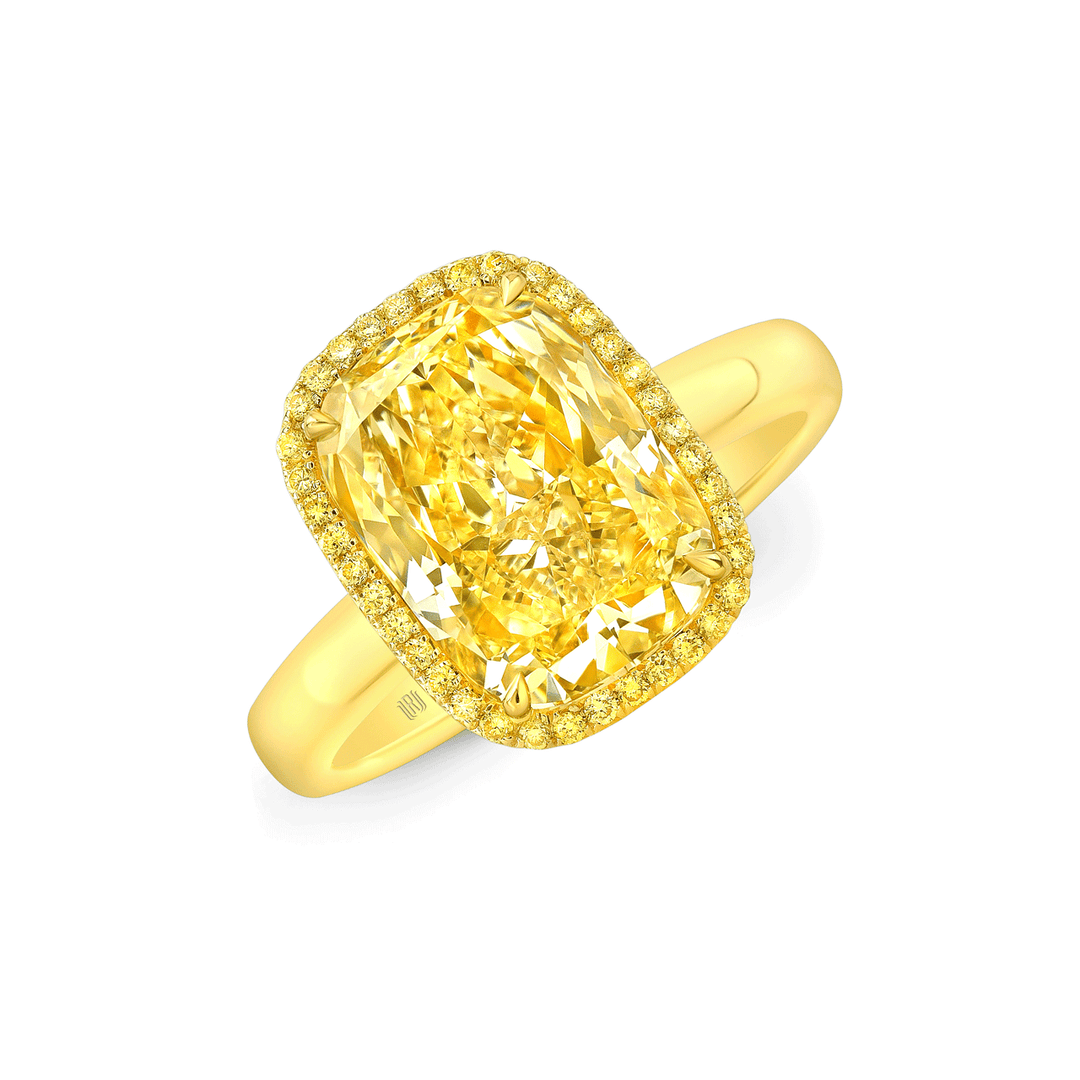 Private Reserve 5.24 Total Weight Cushion Fancy Yellow Diamond Ring