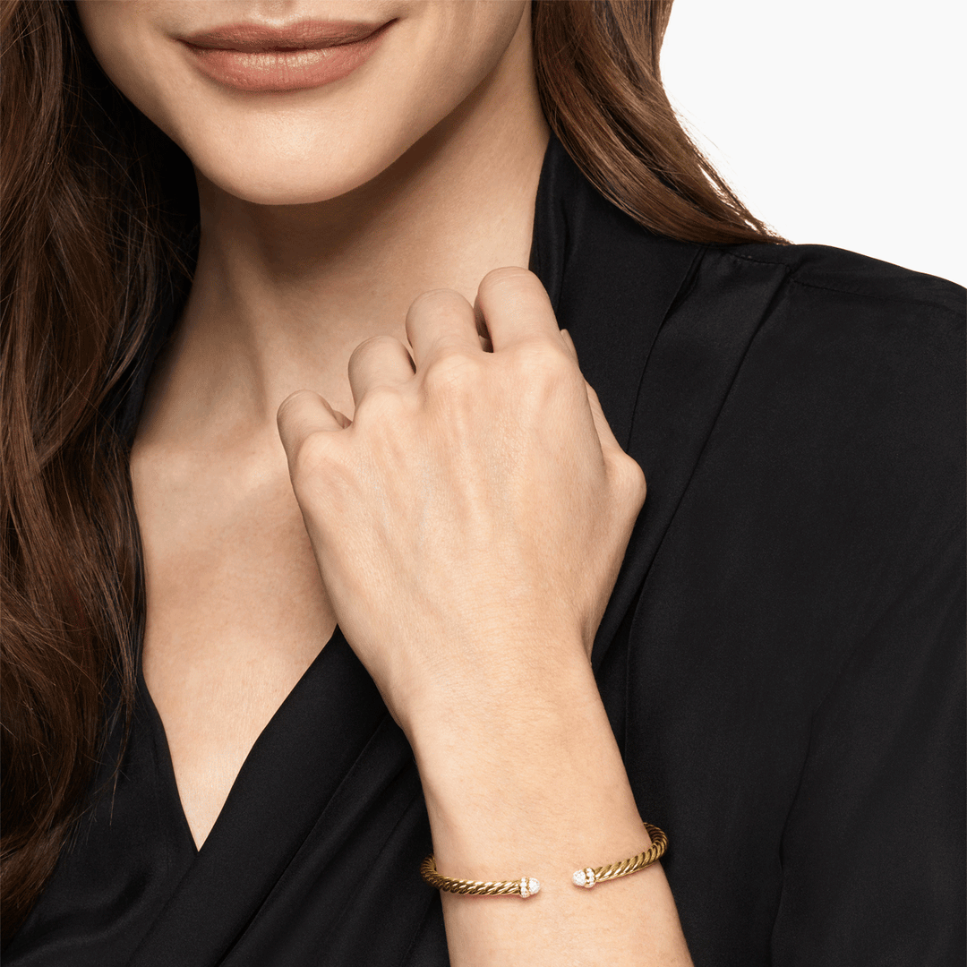 David Yurman Cablespira Flex Bracelet 18k Yellow Gold with Pavé Diamond Domes, 4mm