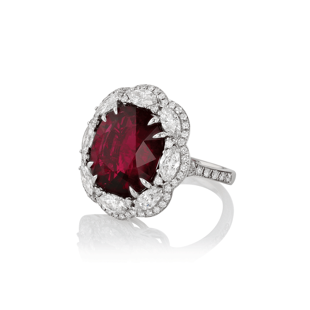 18k White Gold Rubelite Tourmaline 9.52 Total Weight and Diamond Ring