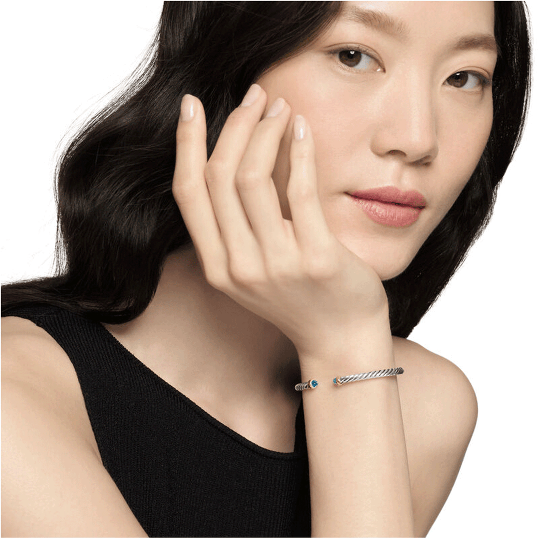 David Yurman Cable Flex Bracelet Sterling Silver with 14k Yellow Gold and Blue Topaz, 4mm