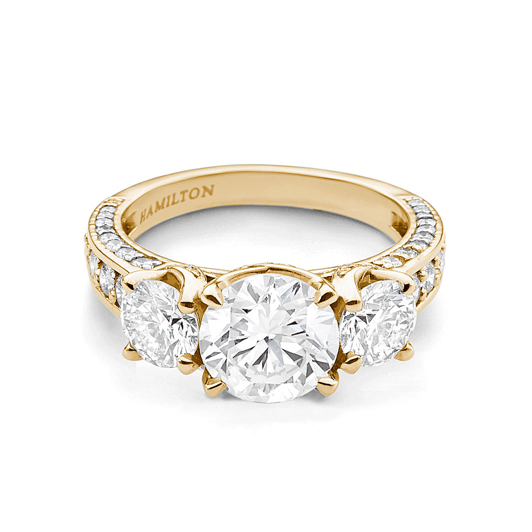 1912 3 Stone 18k Yellow Gold and Diamond Engagement Mounting Ring