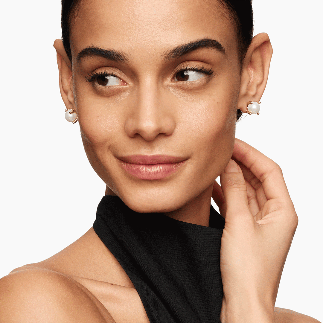 David Yurman Cable Pearl Stud Earrings in 18k Yellow Gold with Diamonds,14mm