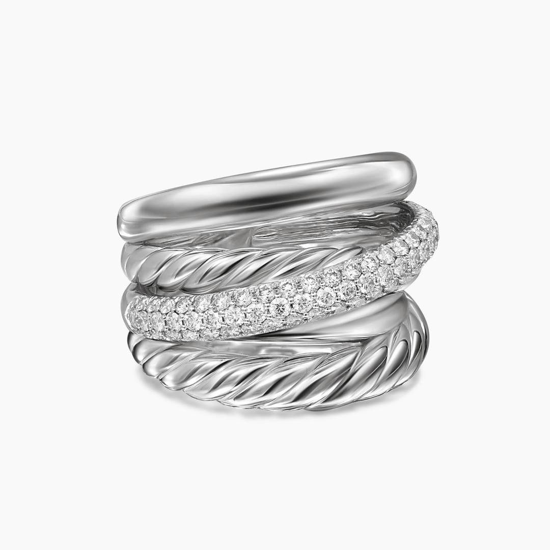 David Yurman Crossover Five Row Ring Sterling Silver with Diamonds, 17.5mm