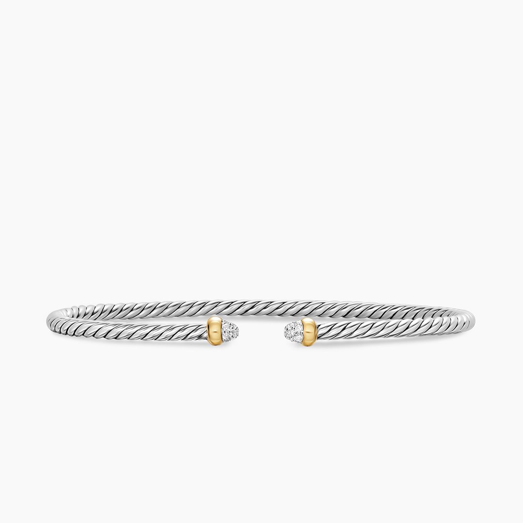 David Yurman Micro Cable Flex Bracelet Sterling Silver with 14k Yellow Gold and Pavé Diamond Domes, 2.6mm