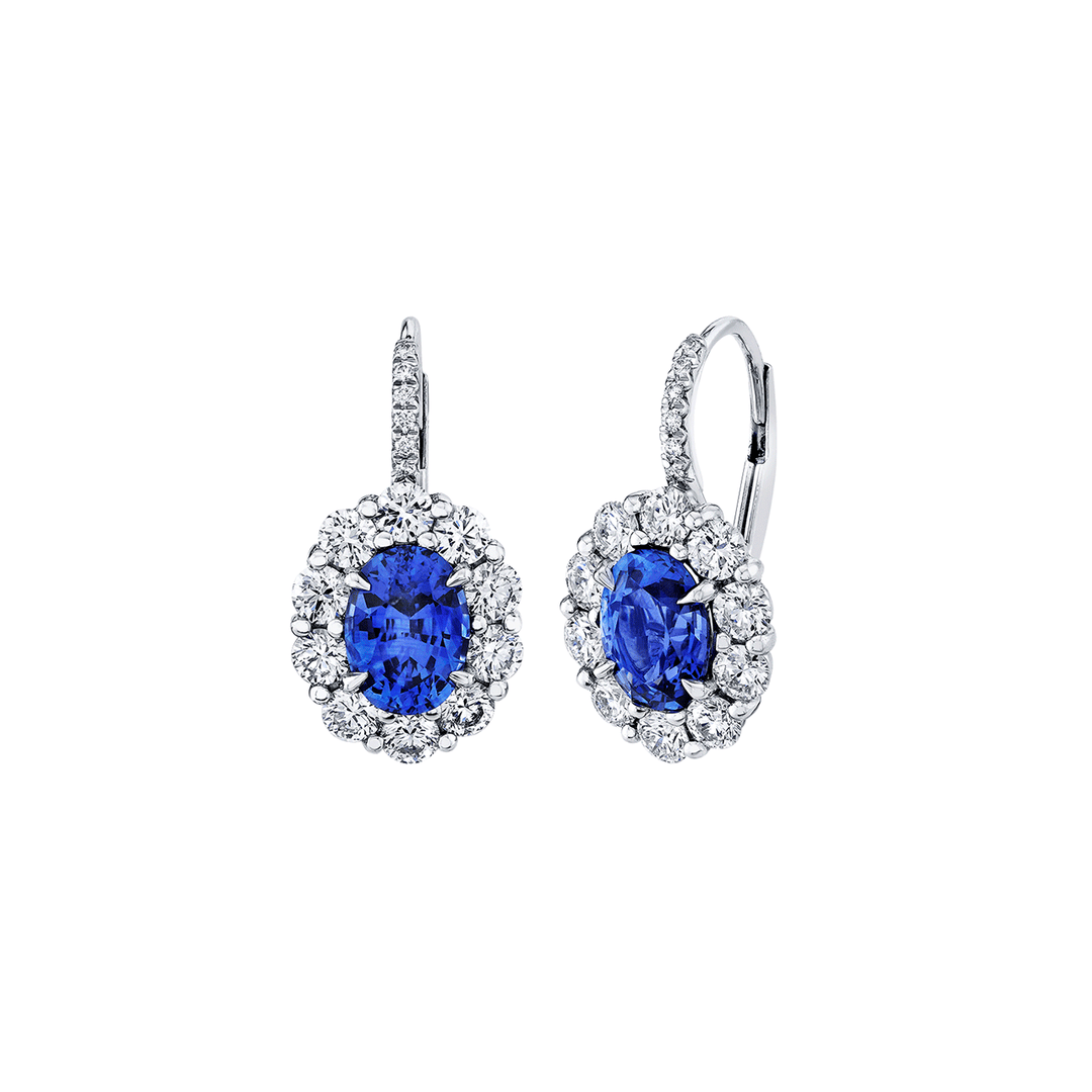 Platinum Oval Sapphire 2.44 Total Weight and Diamond Drop Earrings