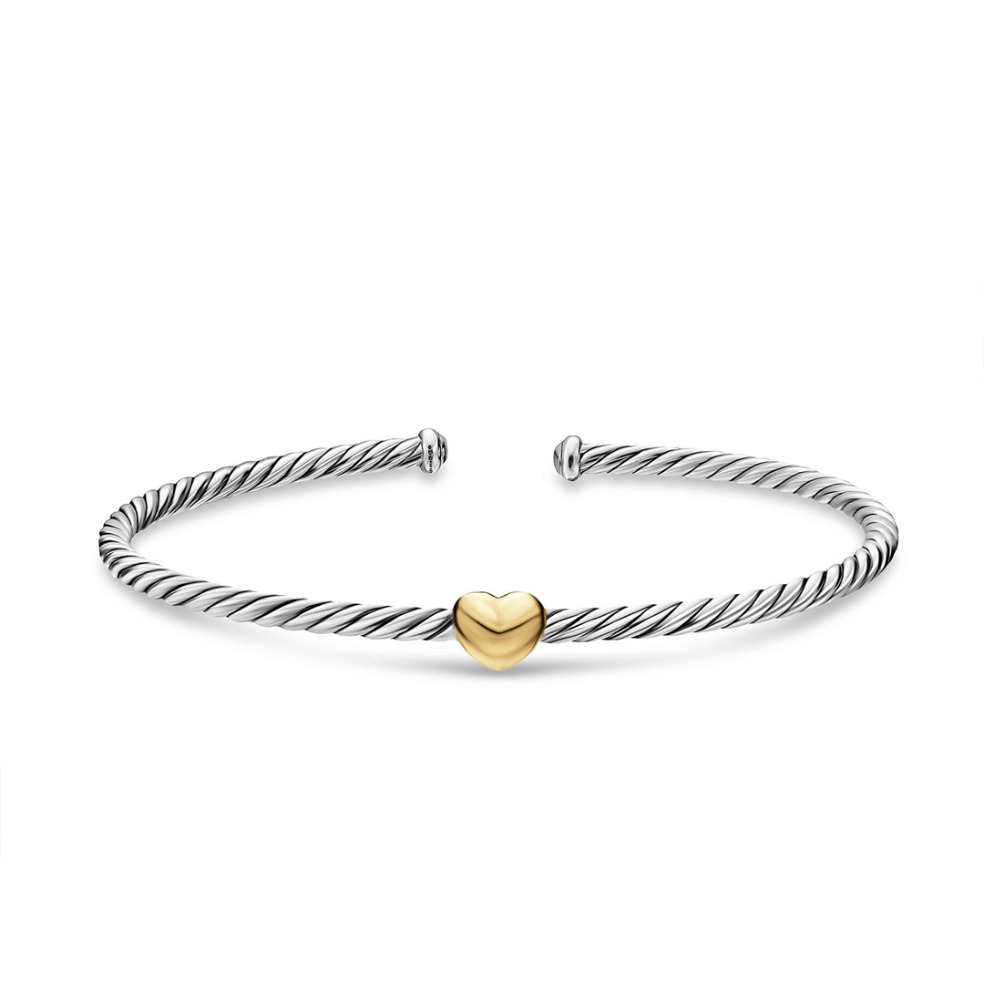 David Yurman Micro Cable Flex® Heart Station Bracelet Sterling Silver with 14K Yellow Gold, 2.6mm Med