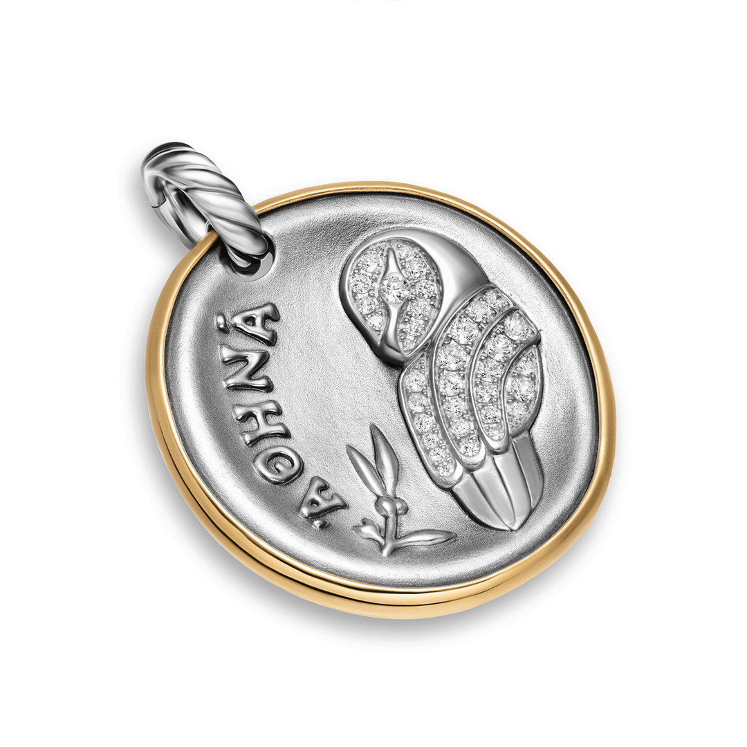 David Yurman Athena Medallion Amulet Sterling Silver with 14K Yellow Gold and Diamonds, 29.5mm