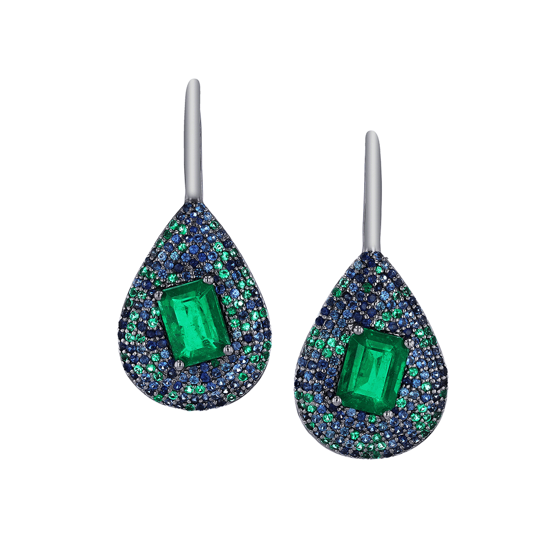 18K White Gold and 3.30 Total Weight Emerald Sapphire Drop Earring
