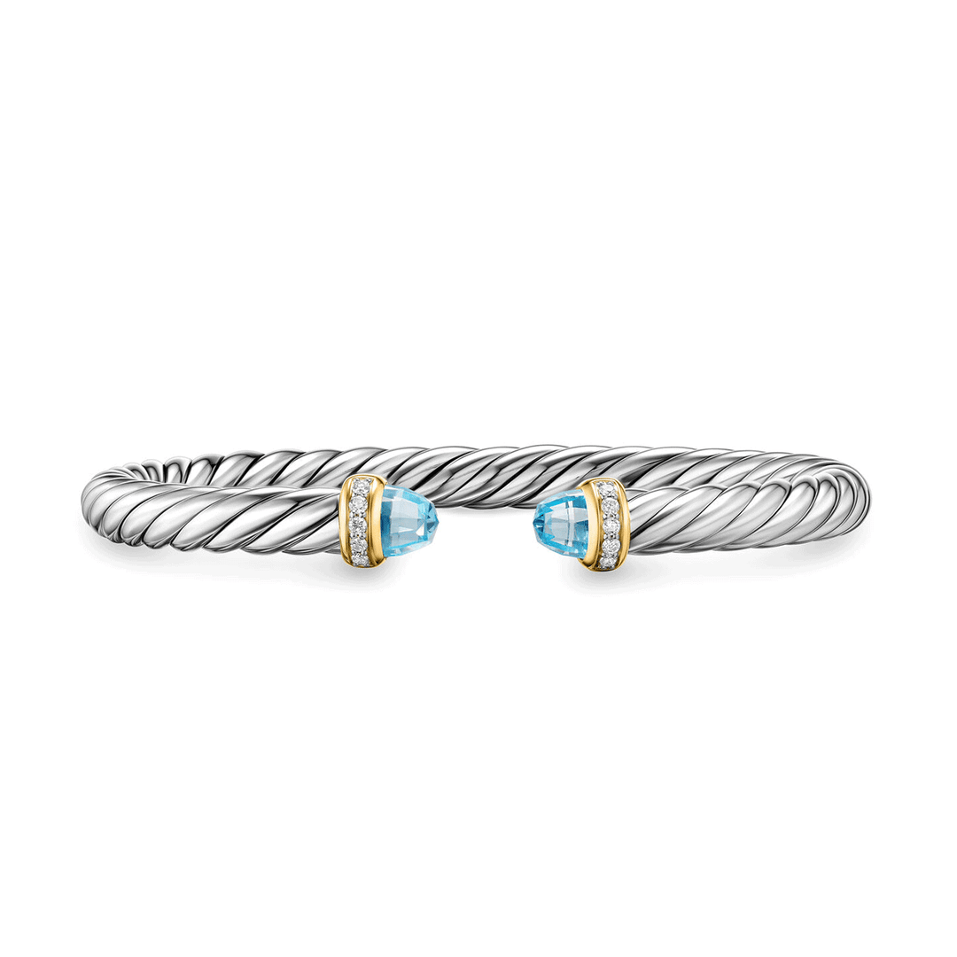 David Yurman Sterling Silver with 14K Yellow Gold, Sky Blue Topaz and Diamonds, 6mm Cable Flex® Bracelet