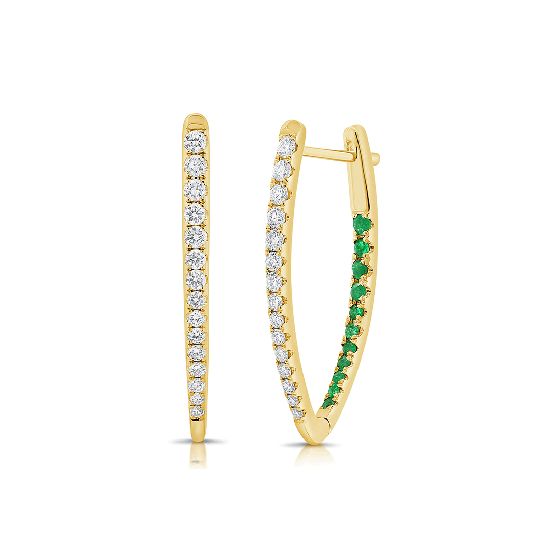 14k Yellow Gold Emerald and Diamond In and Out V Shape Hoops