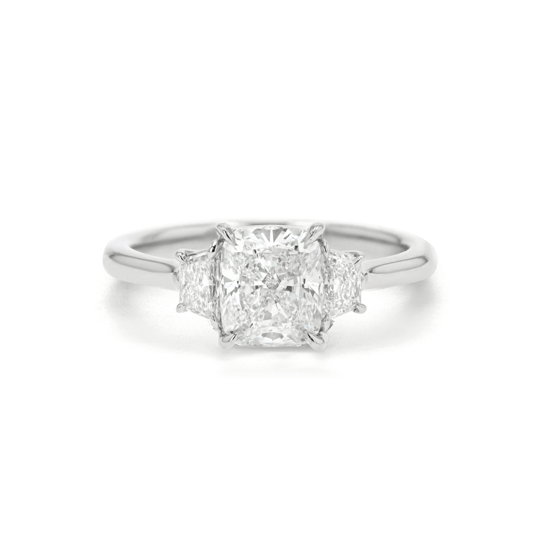 Platinum and 1.71 Total Weight Cushion Cut Diamond Three Stone Ring