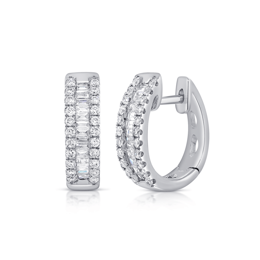 14k Gold .50 Total Weight Round and Baguette Diamond Hoops