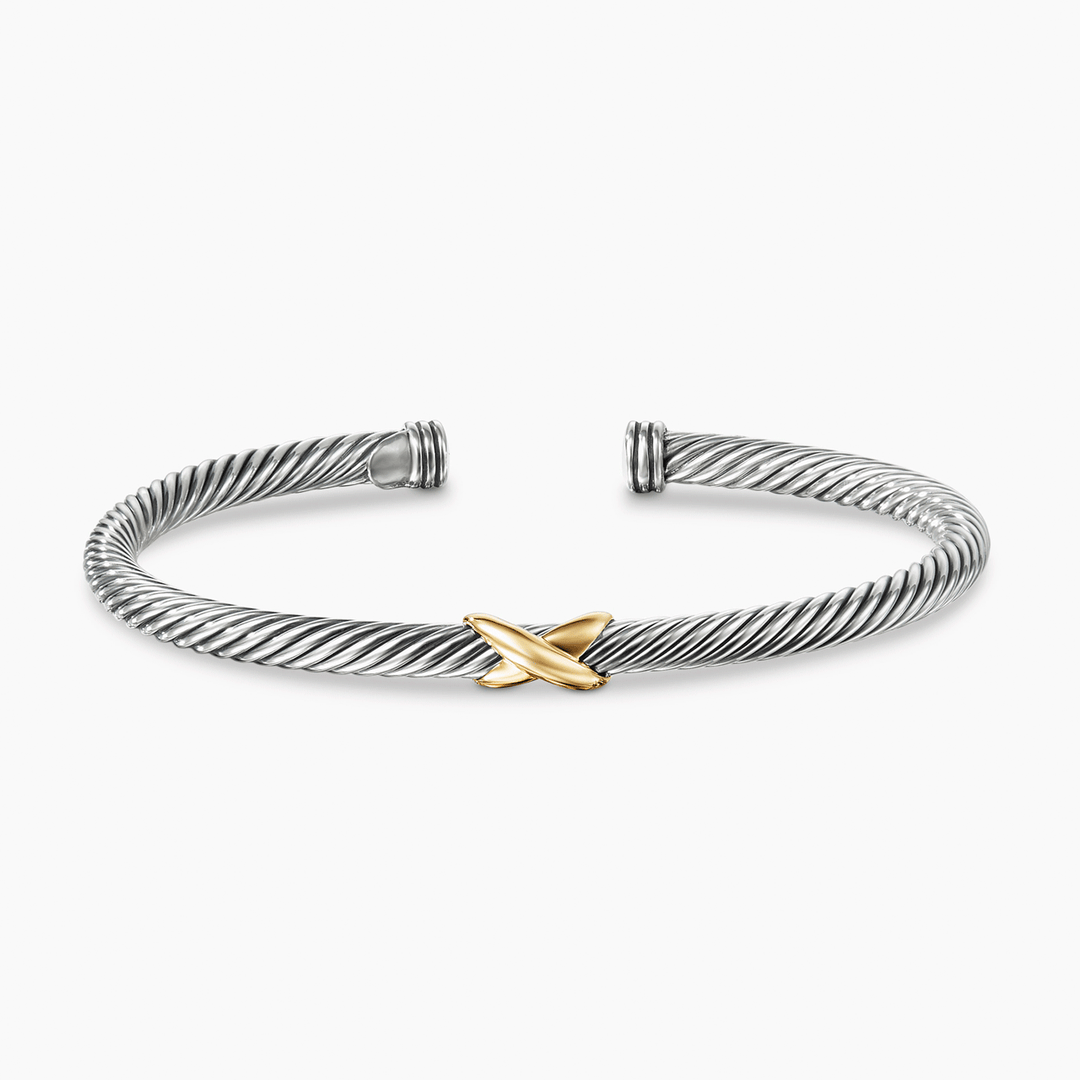 David Yurman X Classic Cable Station Bracelet Sterling Silver with 18k Yellow Gold, 4mm