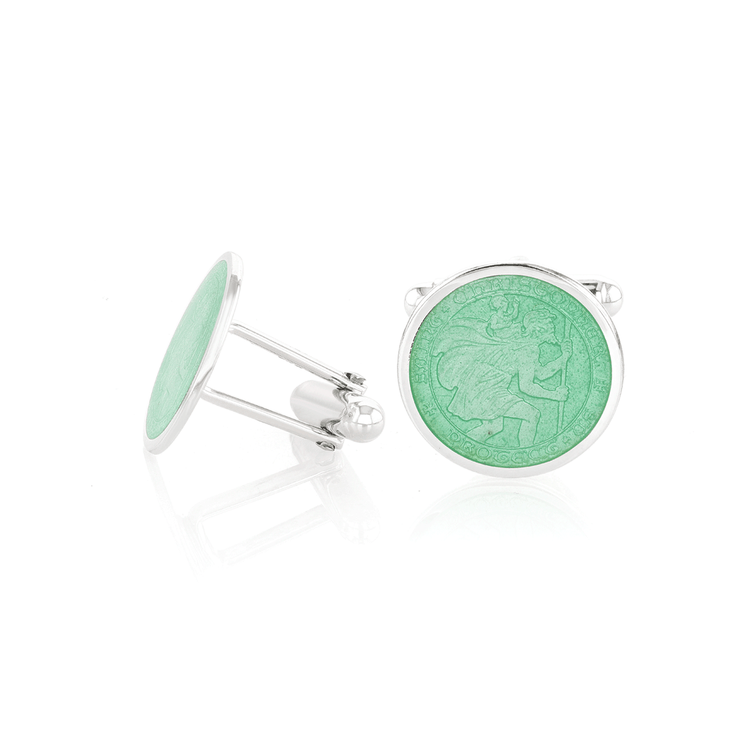 Sterling Silver and Green Enamel St. Christopher Cufflinks
