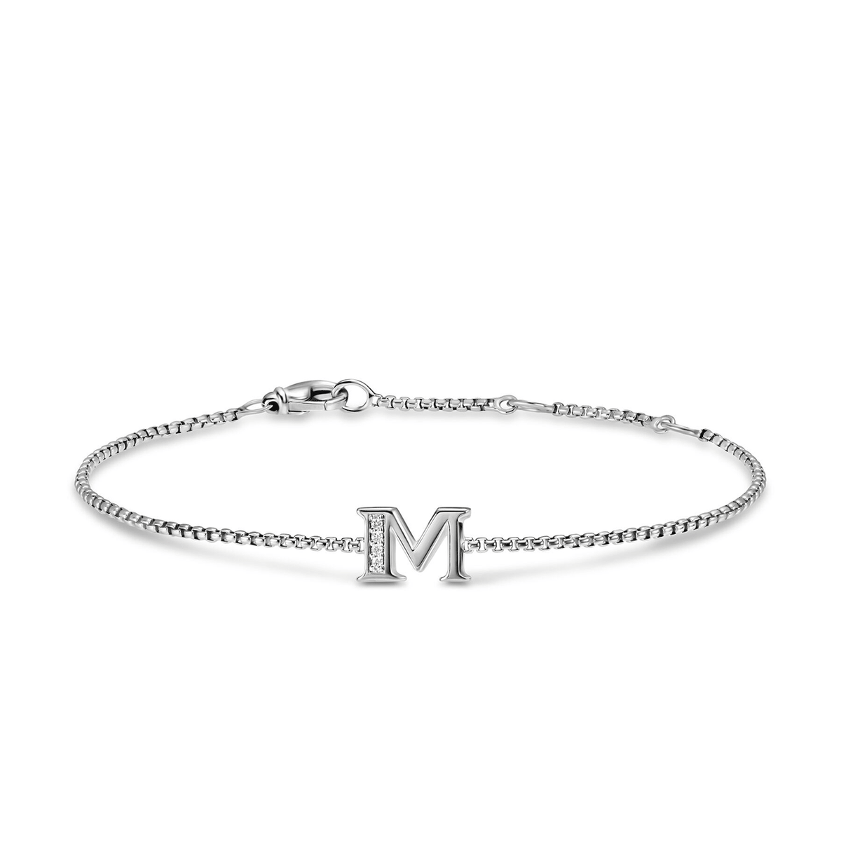 David Yurman Petite Initial Chain Bracelet Sterling Silver with Diamond M