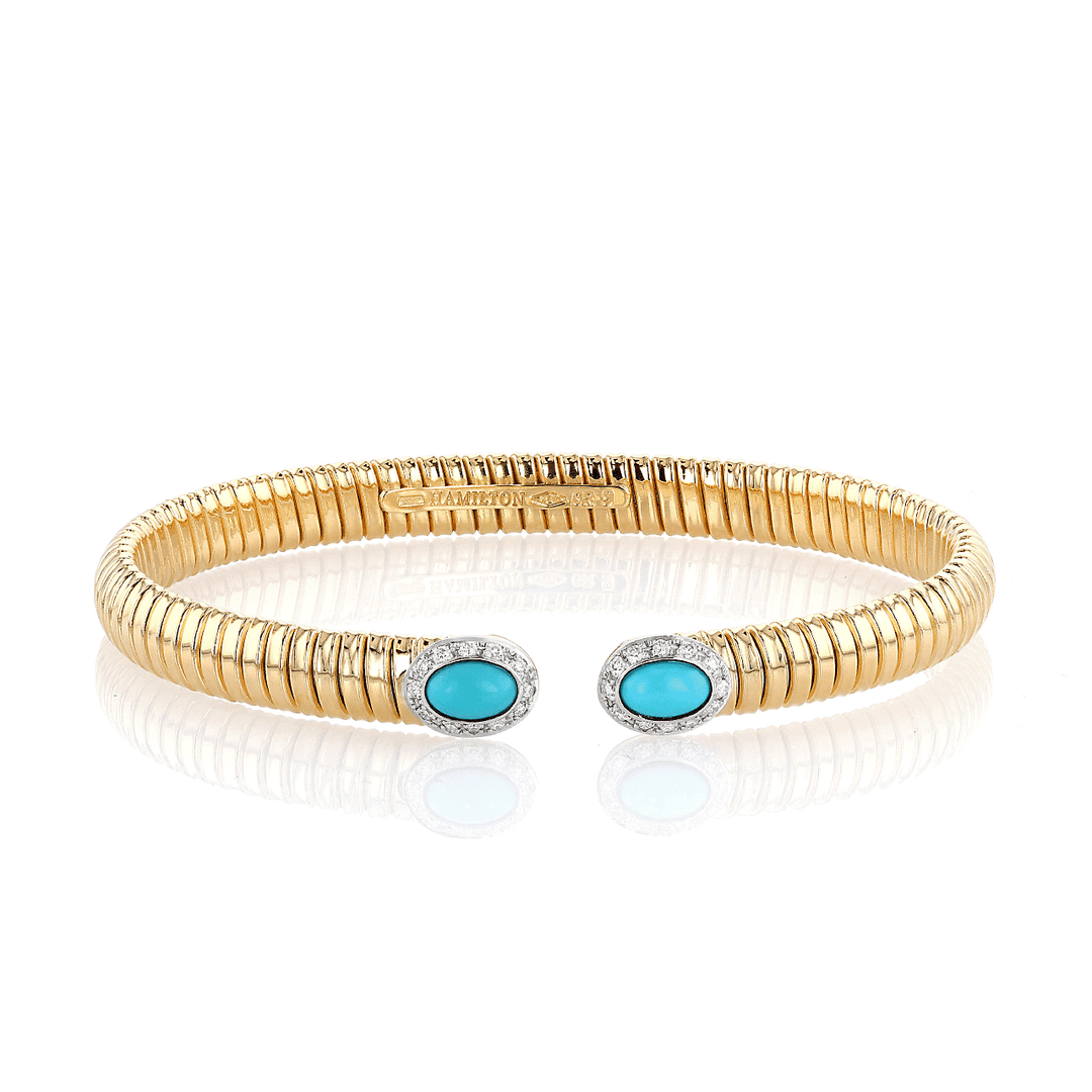 Hamilton 1970's Collection 18k Yellow Gold and 0.19 Total Weight Diamond Turquoise Woven Cobra Bracelet
