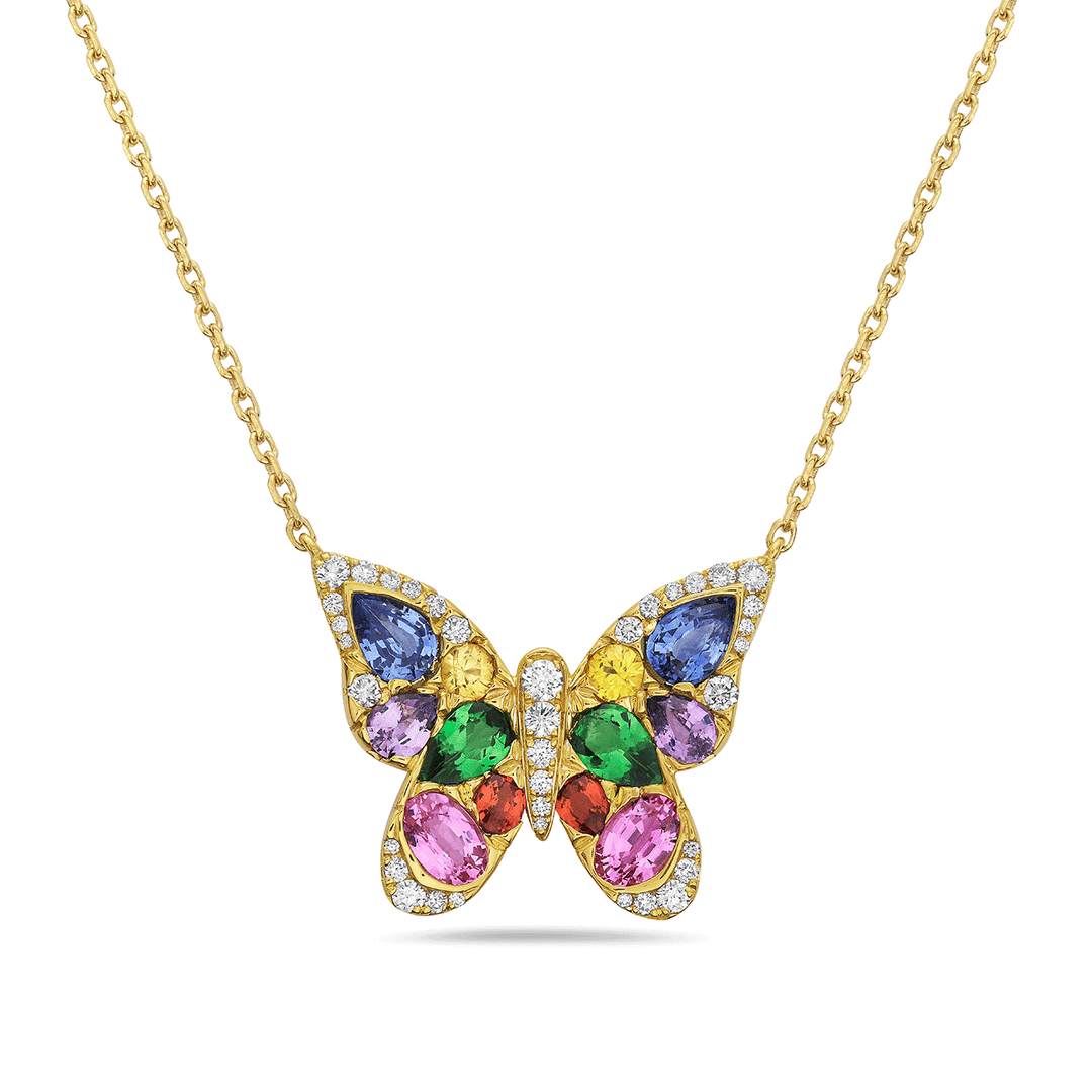 Charles Krypell 18k Yellow Gold and 4.21 Total Weight Sapphire Tsavorites Diamond Butterfly Pendant