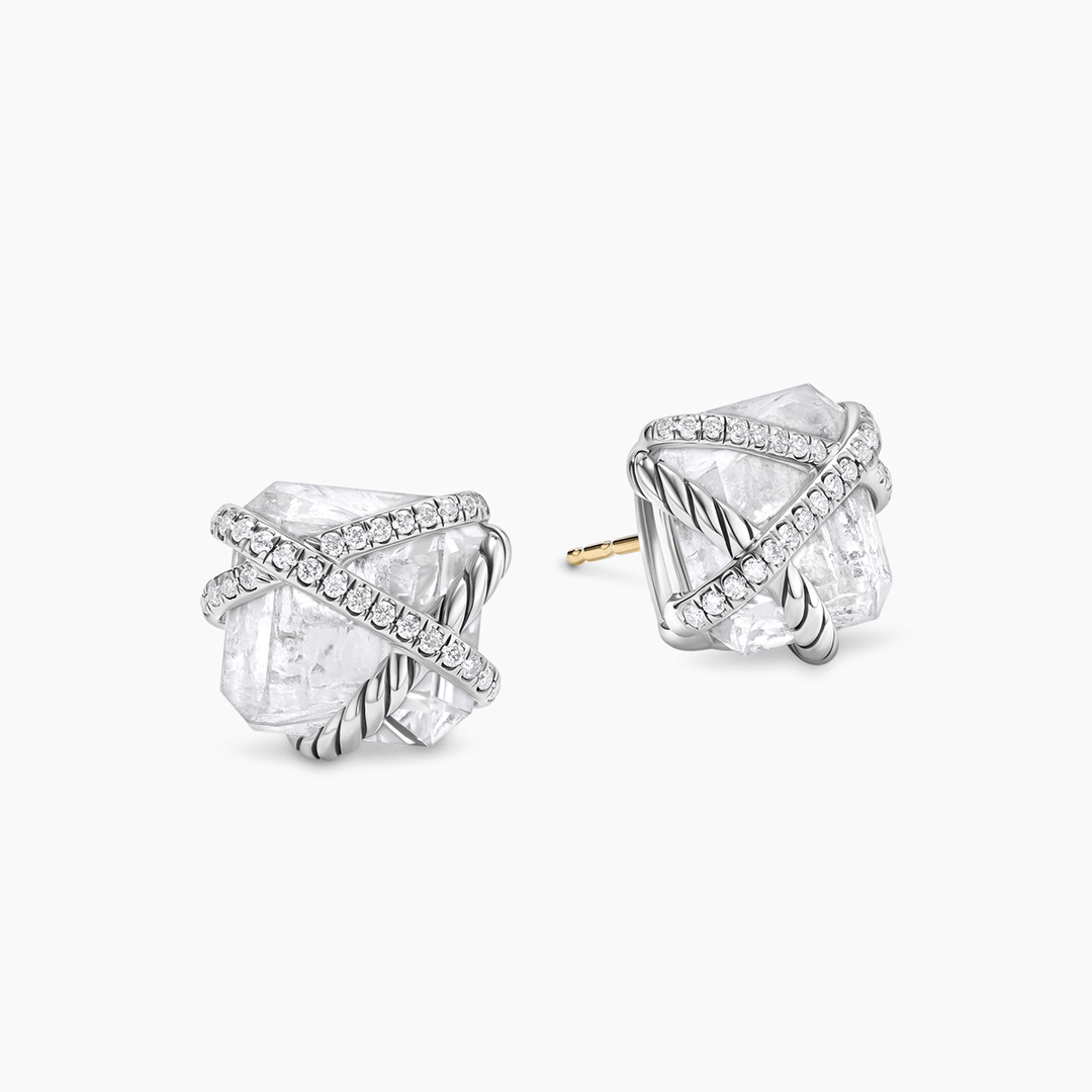 David Yurman Cable Wrap Stud Earrings Sterling Silver with Crystals and Diamonds, 12mm