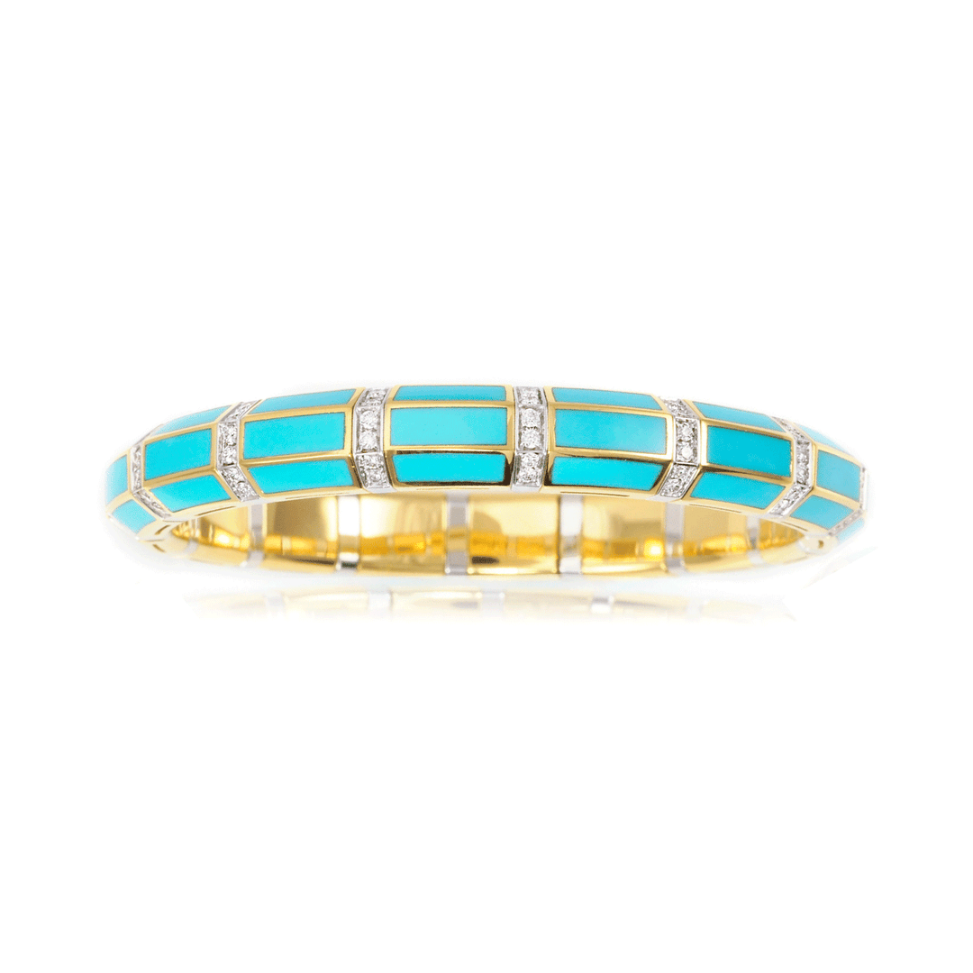 18k Gold Turquoise and Diamond 1.21 Total Weight Stretch Bracelet