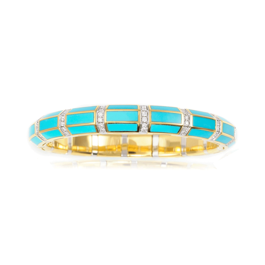 18k Gold Turquoise and Diamond 1.21 Total Weight Stretch Bracelet