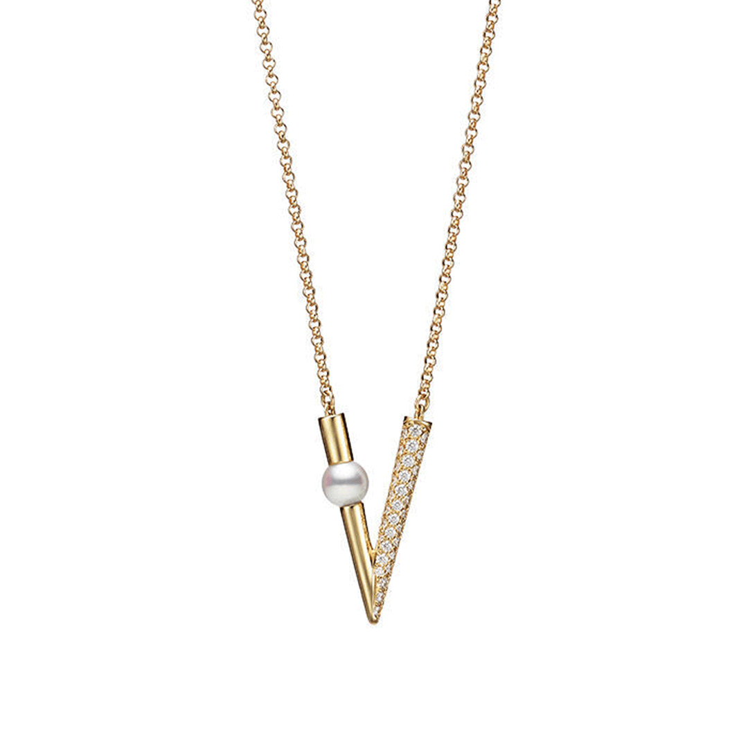 Mikimoto V Code 18k Yellow Gold Akoya Cultured Pearl and Diamond Pendant