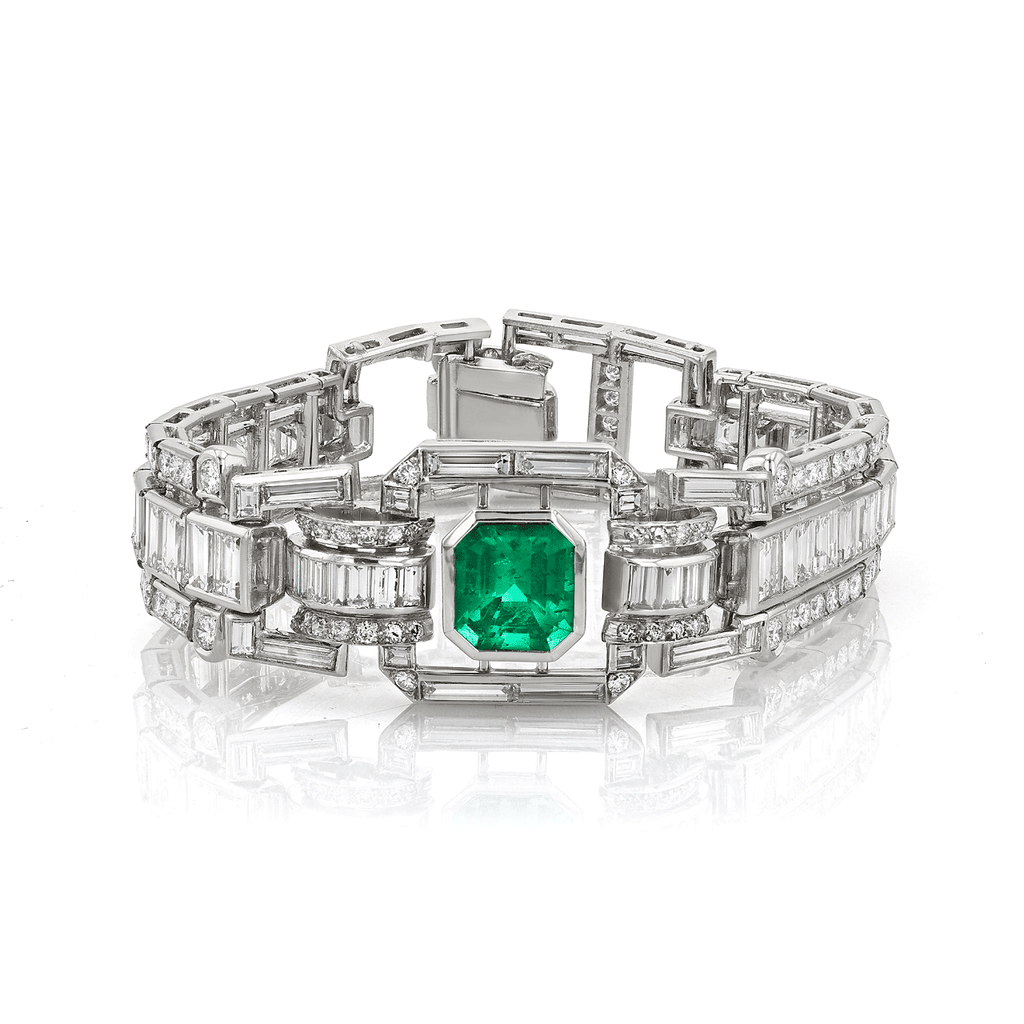 Platinum Emerald Cut Emerald and Diamond Art Deco Style Bracelet