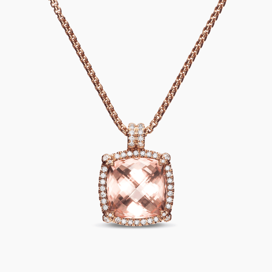 David Yurman Chatelaine Pavé Bezel Pendant Necklace 18k Rose Gold with Morganite and Diamonds, 14mm