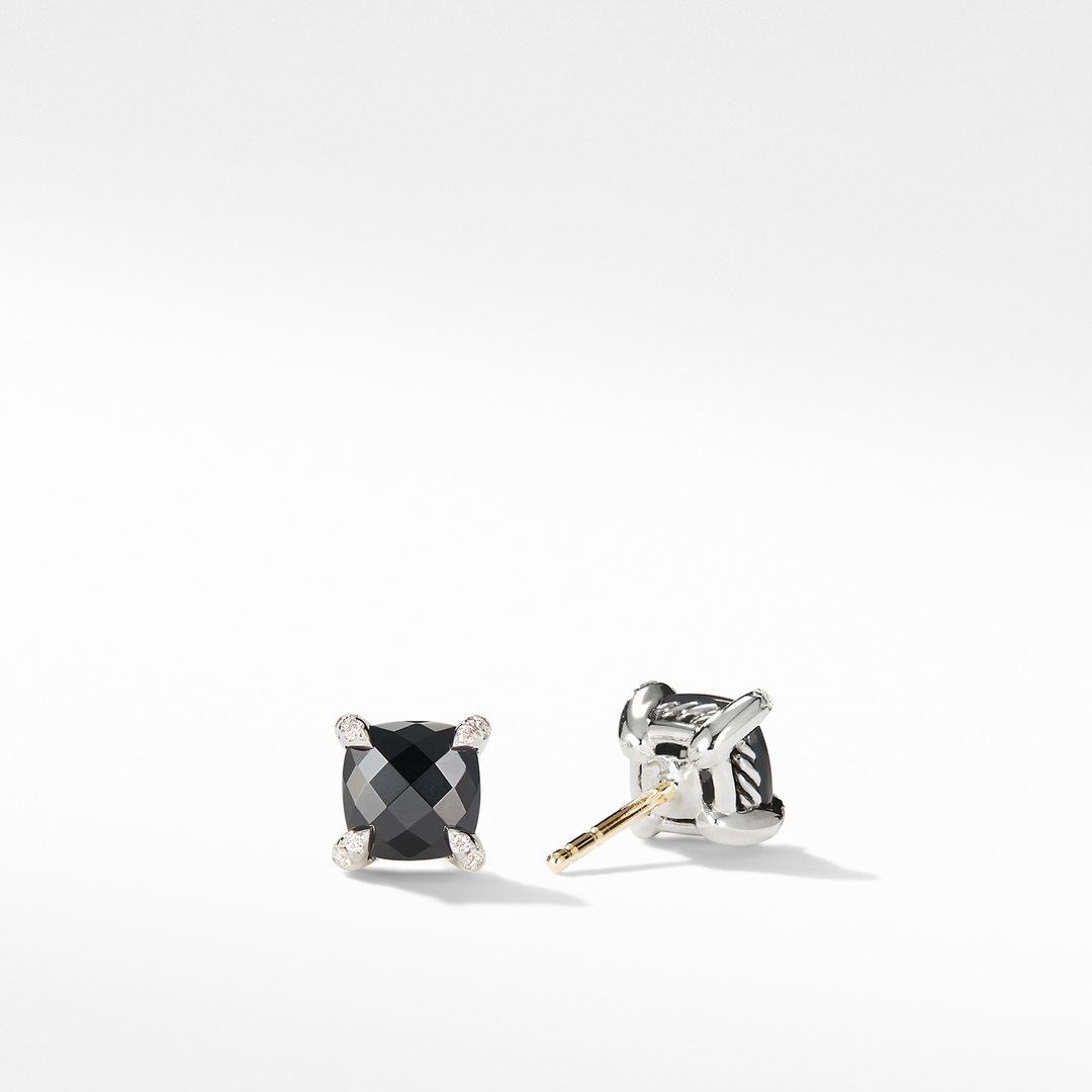 David Yurman Petite Chatelaine Stud Earrings Sterling Silver with Black Onyx and Diamonds, 6mm