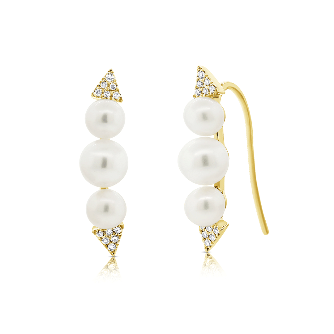 14k Yellow Gold Pearl and Diamond Ear Climbers
