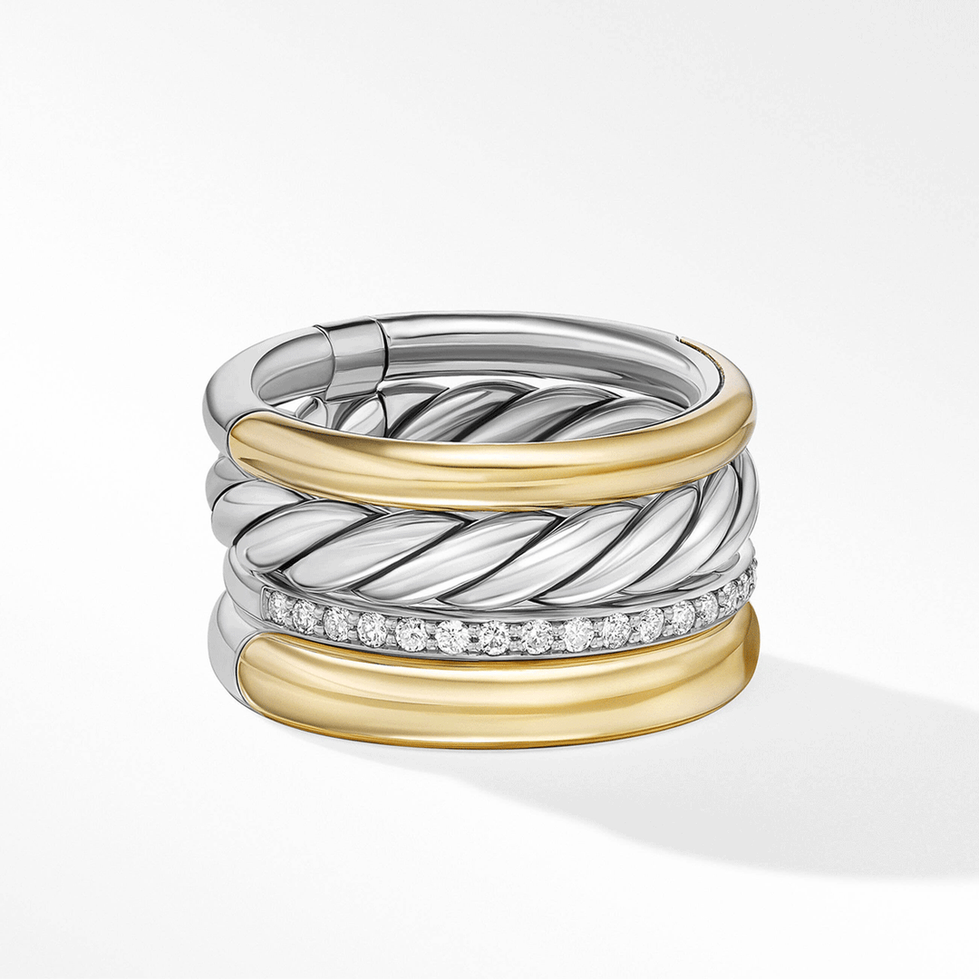 David Yurman Mercer Multi Row Ring in Sterling Silver with 18K Yellow Gold and Pavé Diamonds