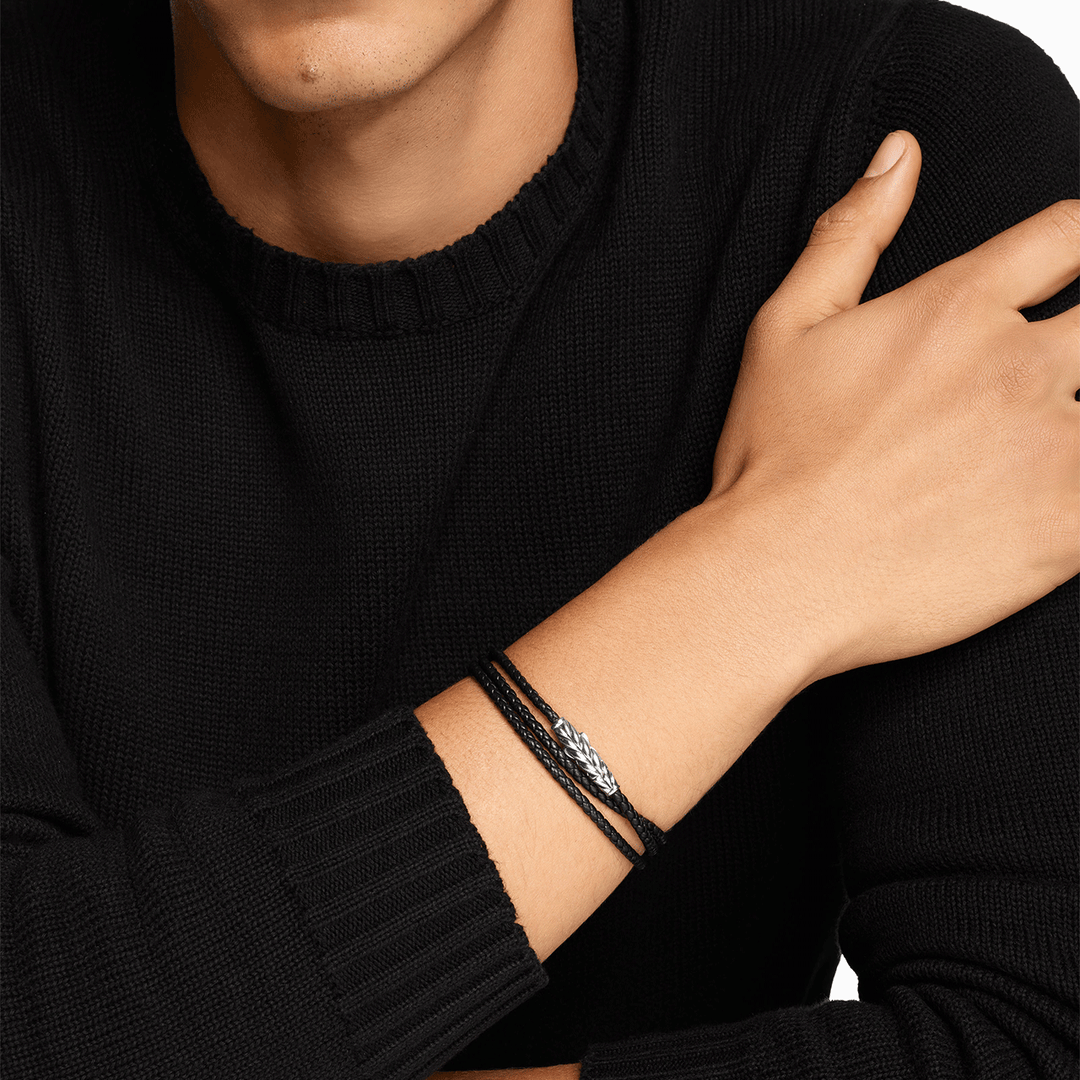 David Yurman Chevron Triple Wrap Bracelet Black Leather with Sterling Silver, 3mm