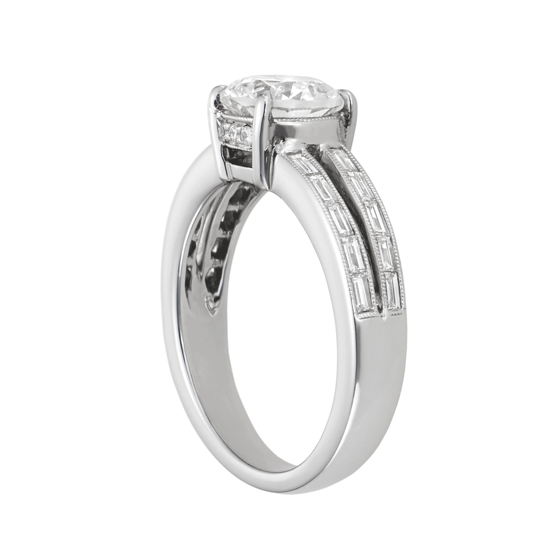 1912 Platinum Round and Baguette Diamond Mounting Engagement Ring