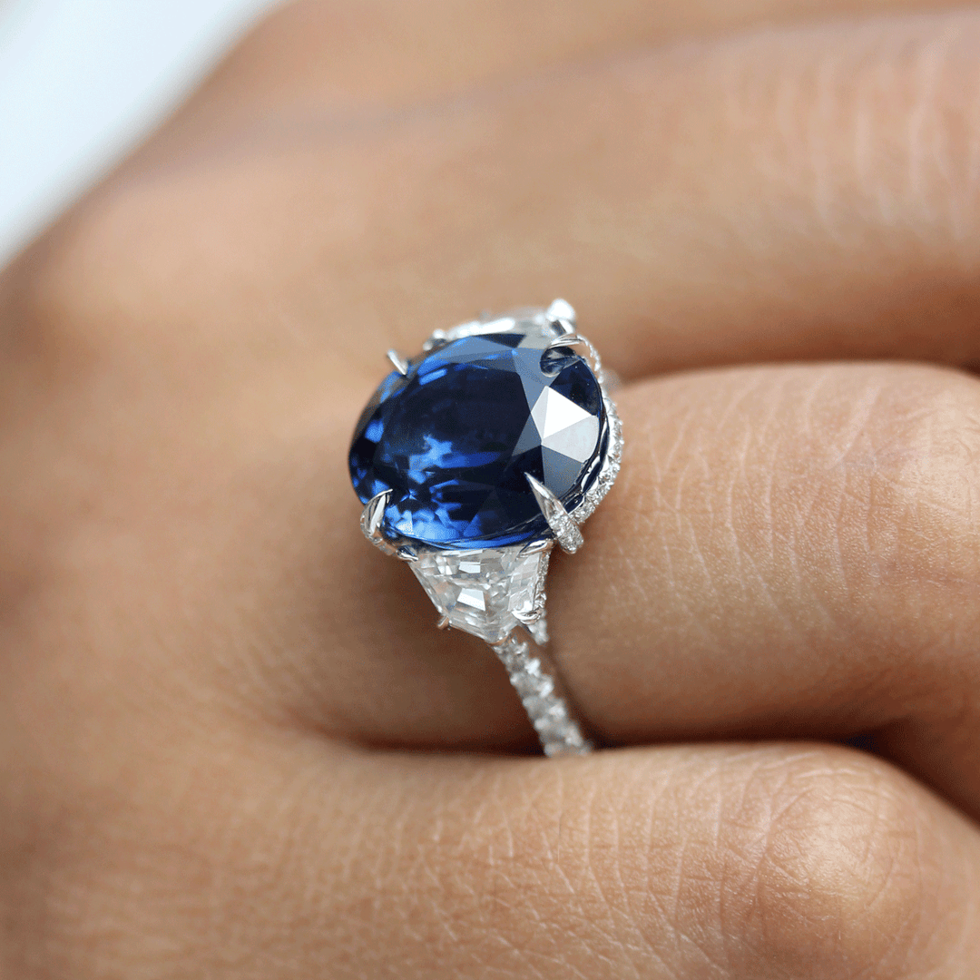 Platinum Oval Sapphire 10.55 Total Weight and Diamond Ring