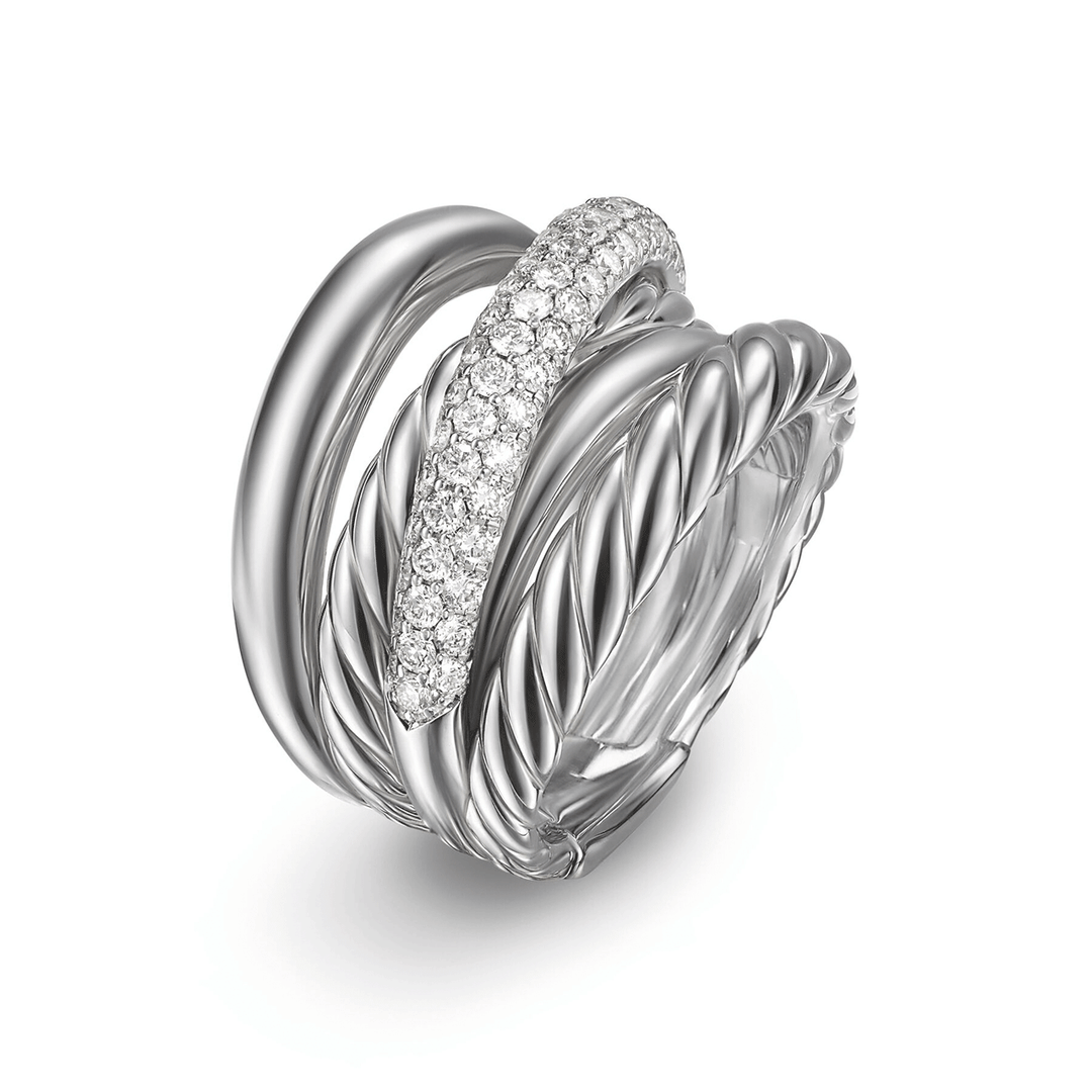 David Yurman Crossover Five Row Ring Sterling Silver with Diamonds, 17.5mm