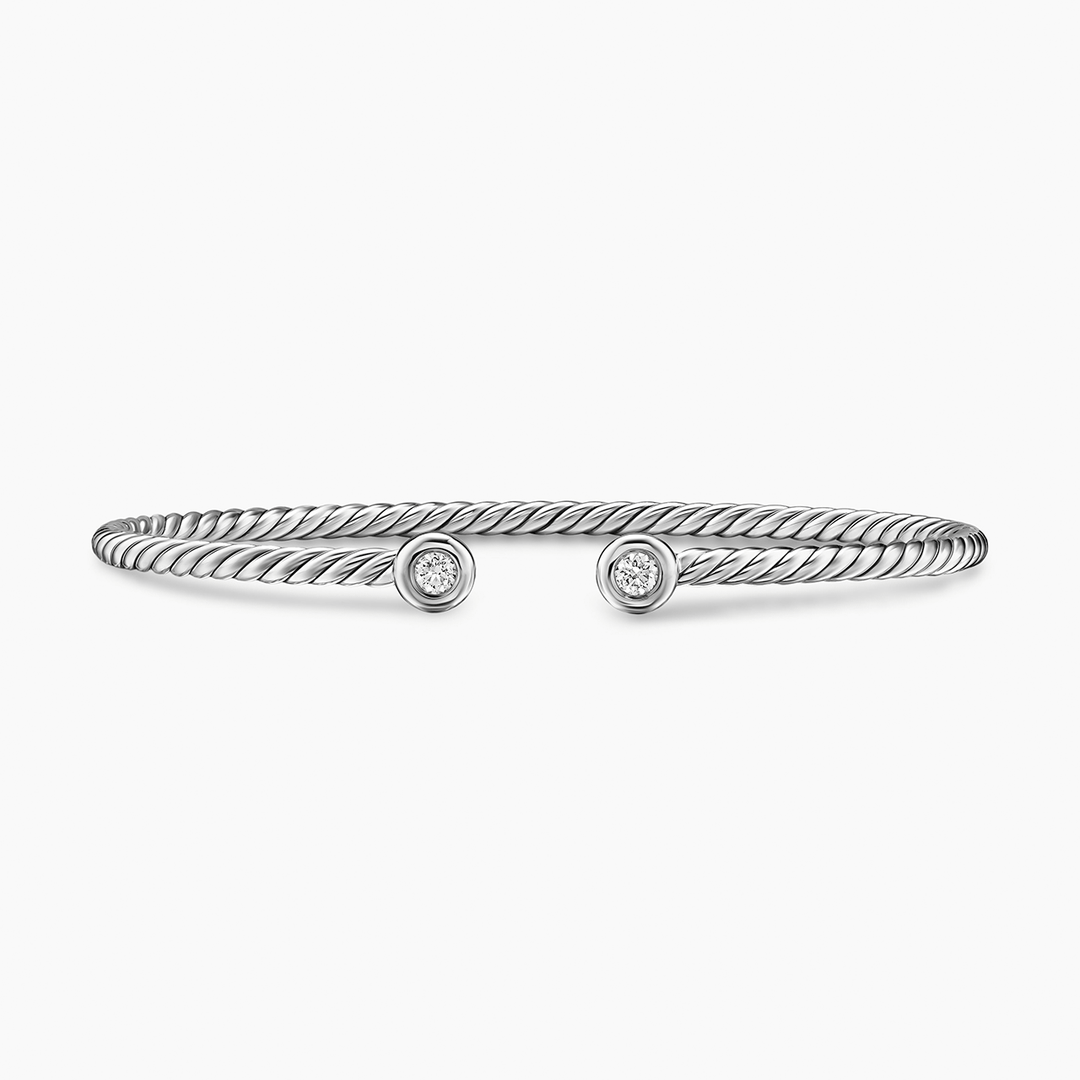 David Yurman Micro Cable Flex Round Bracelet Sterling Silver with Diamonds, 2.6mm