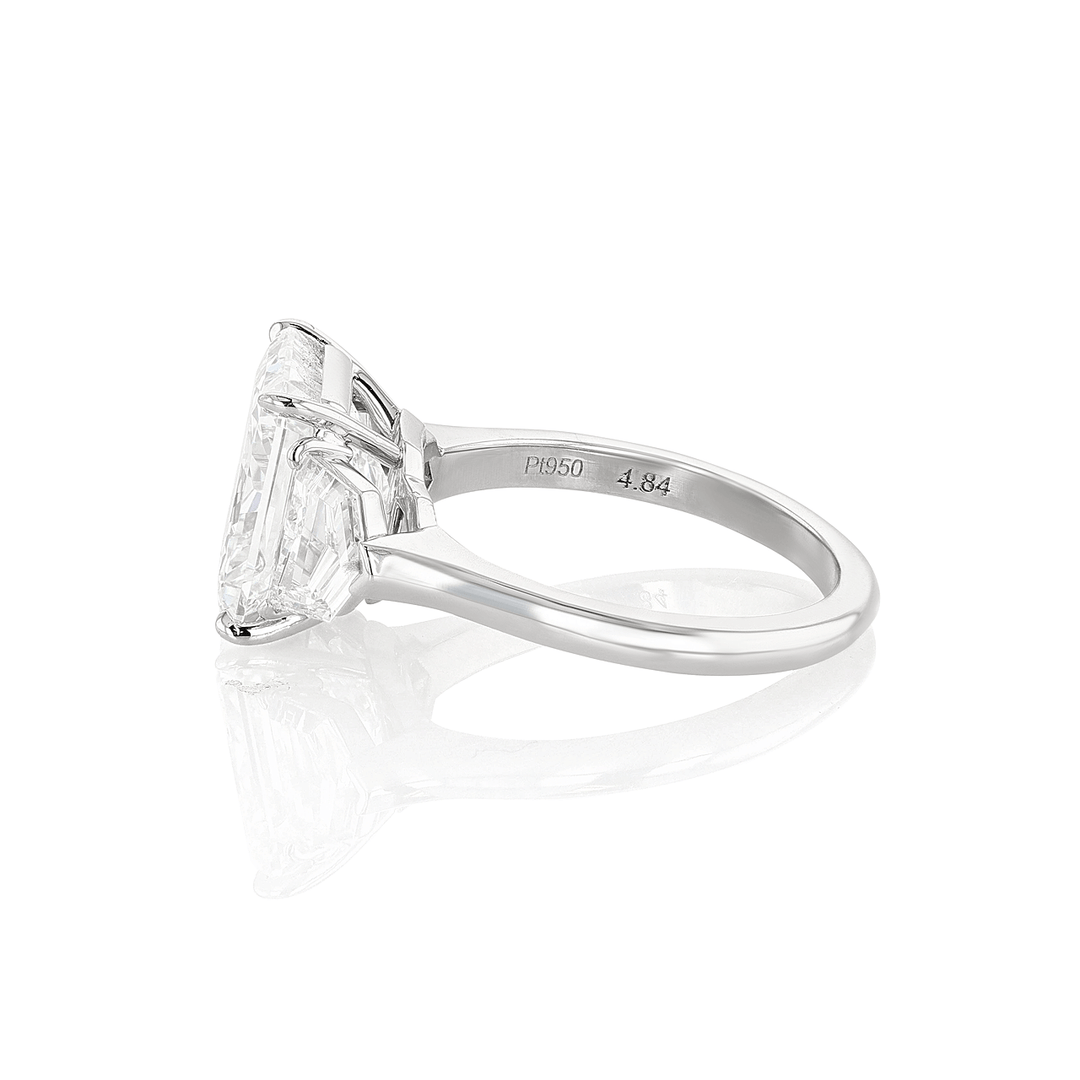 Platinum Three Stone Radiant Cut Diamond 4.84 Total Weight Engagement Ring