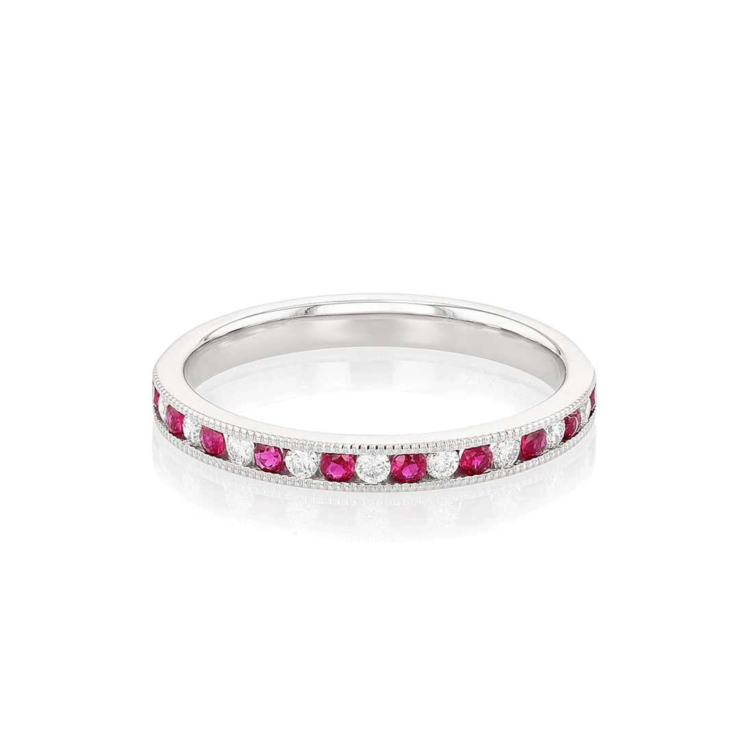 Platinum and 0.25 Total Weight Ruby Diamond Milgrain Half Way Band