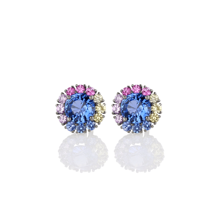 18k Gold and Multi Sapphire 3.79 Total Weight Stud Earrings